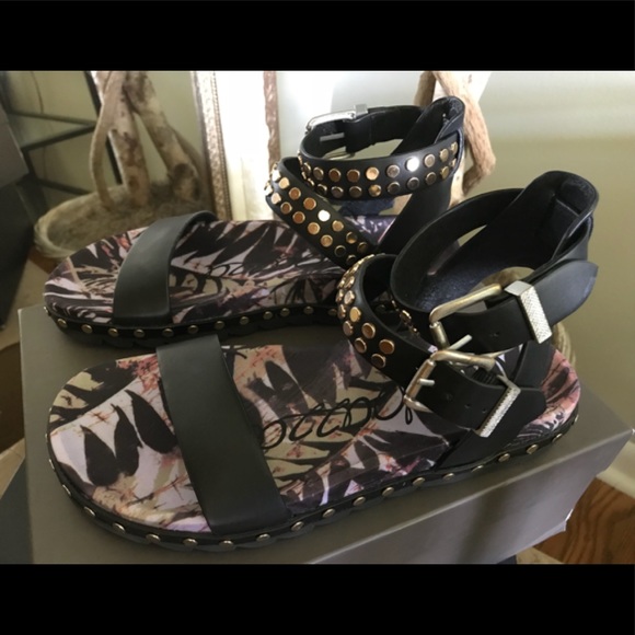 black leather studded sandals